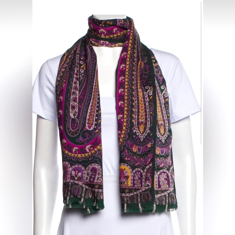 ETRO Milano Gorgeous Paisley Scarf Shawl Wool Silk Gorgeous Jewel Tones Like New
